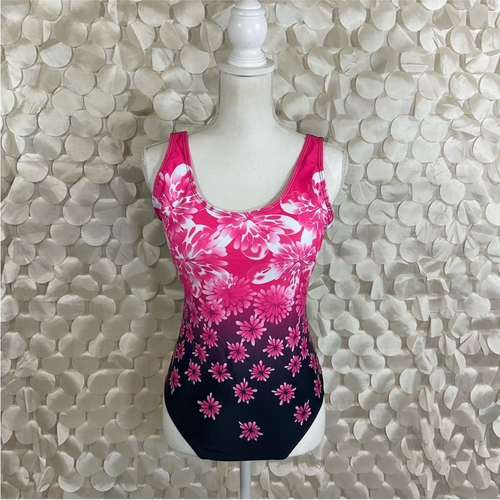 Floral Pink and Black One-Piece Swimsuit